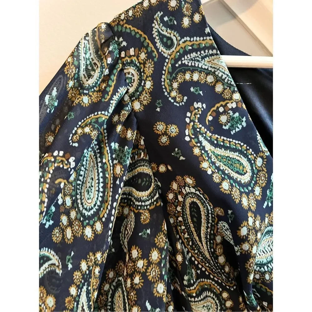 Betsey Johnson Navy Paisley Boho Wide Sleeve Back Tie Dress sz 8 EUC